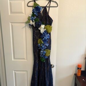 Navy Lace Dress with Floral Accents